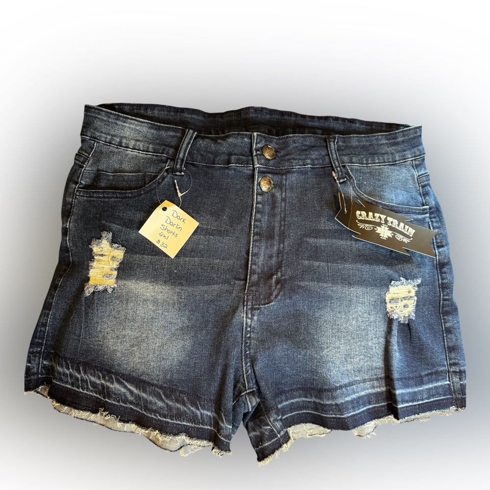 Crazy Train Dark Blue Distressed Denim Shorts